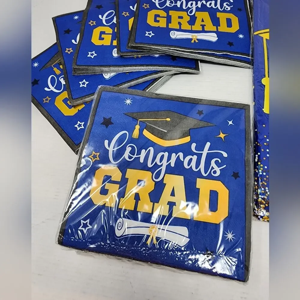 New Graduation Napkins & Large Platic Tablecloth 100‎ Napkins Blue Gold White